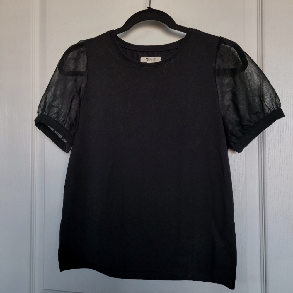 Madewell Sheer/Mesh Puff Sleeve Top in Black
